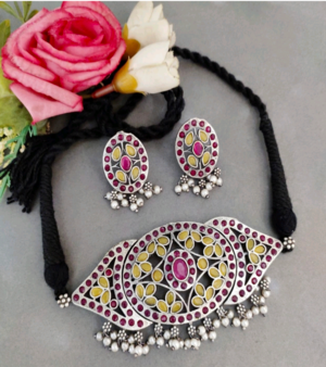 Silver Lookalike Stone Choker Set