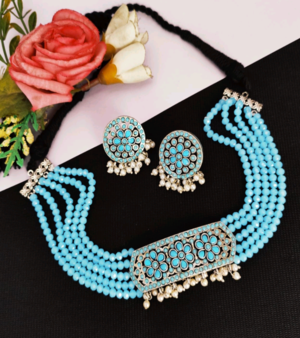 Silver Stone Choker Set With Crystal Stone