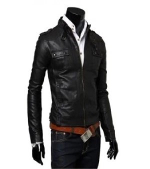 Men Black Front Zipper Biker Jacket