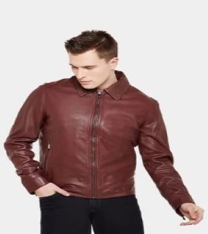 Men Maroon Front Zipper Biker Jacket With Shawl Collar