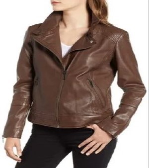Ladies Brown Slim Fit Leather Jacket