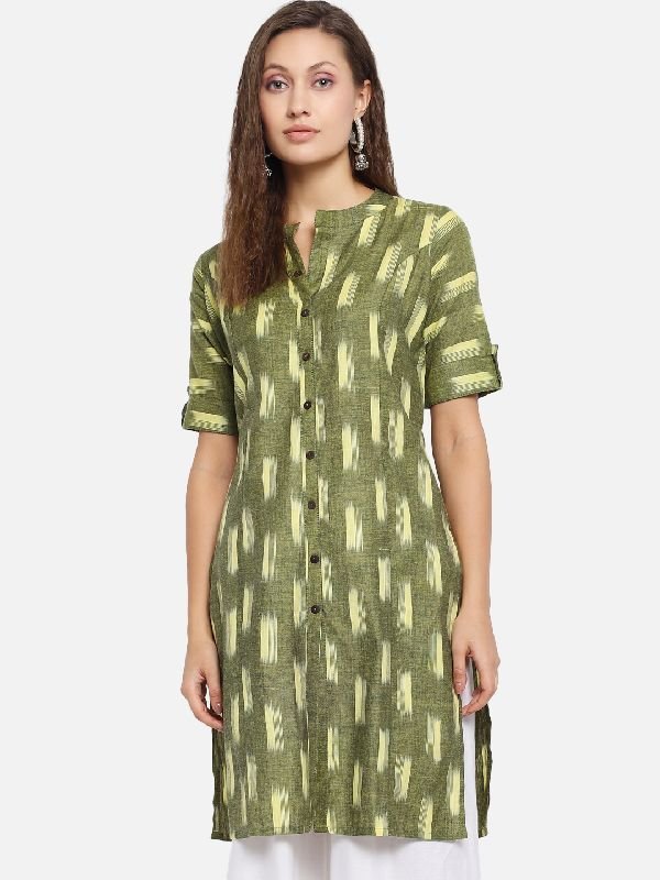 Pure Cotton Ikat Printed Kurti - (Green)