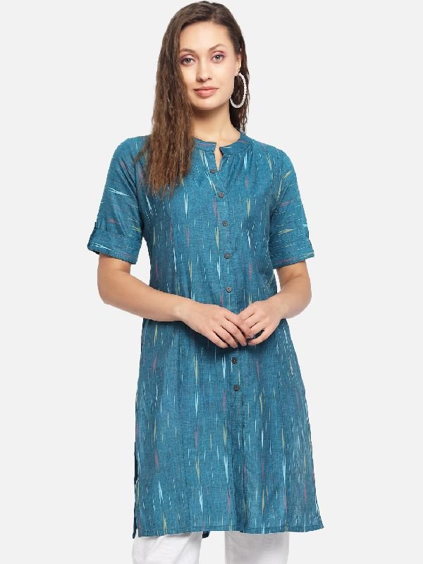 Pure Cotton Ikat Printed Kurti - (Teal)