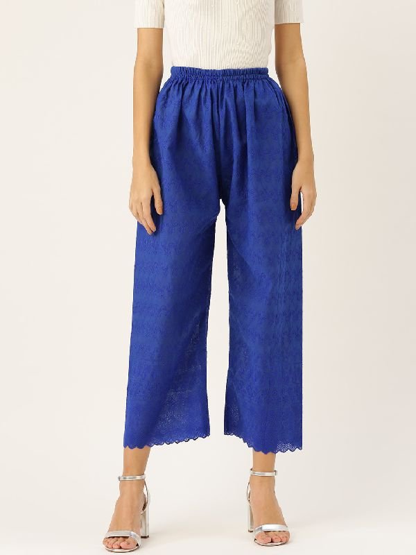 Regular Fit Cotton Chikan Palazzo - (Blue)