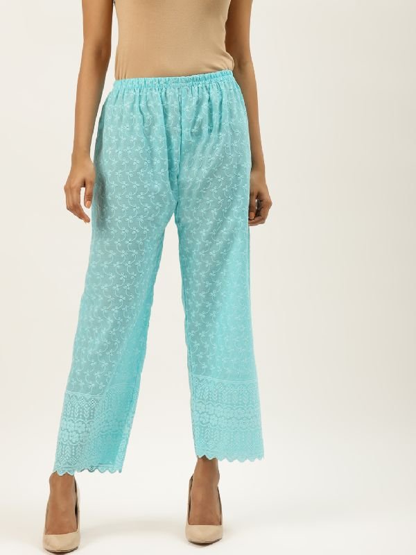 Regular Fit Cotton Chikan Palazzo - (Cyan)