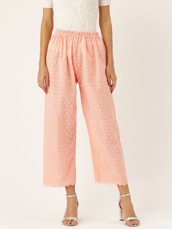 Regular Fit Cotton Chikan Palazzo - (Peach)