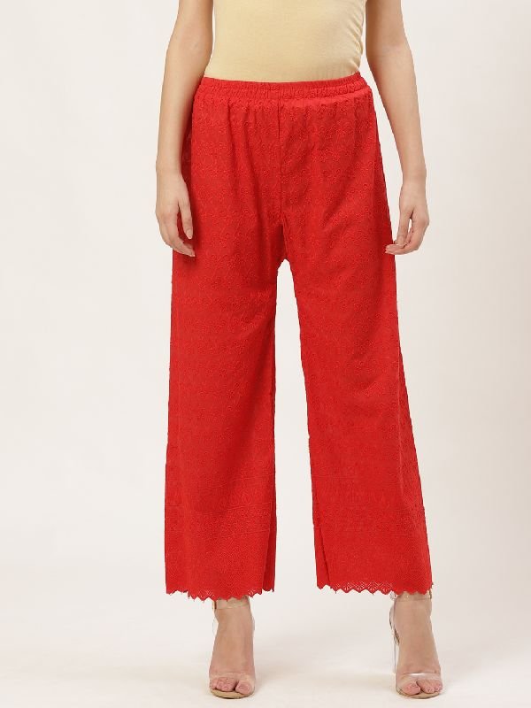 Regular Fit Cotton Chikan Palazzo - (Red)