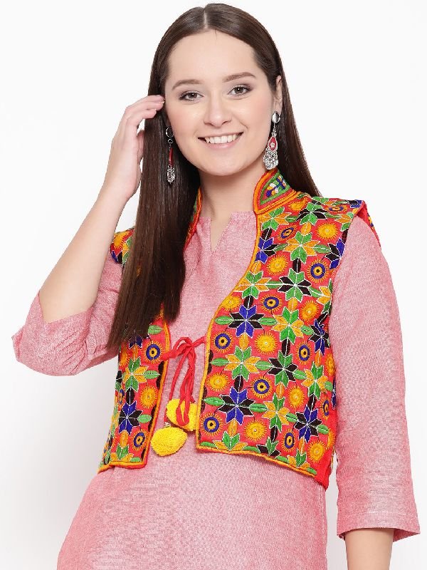 Red Embroidered Shrug Jacket