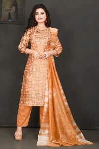 Chanderi Silk Batiq Kurti Pant N Duppata Set