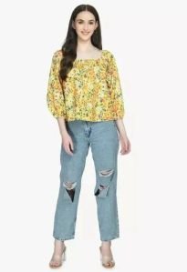 Cotton Printed Puff Sleeve Top