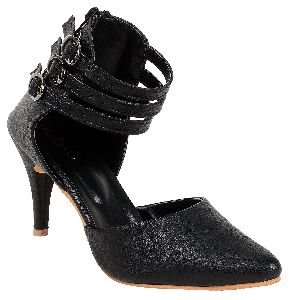 Black Open Toe Buckle Closure Heels