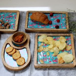 Pink Flamingo Dreams Mango Wood Serving Platter Set of 7 Pcs