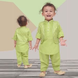 MM765 Green Boys Kurta & Nehru Jacket Set