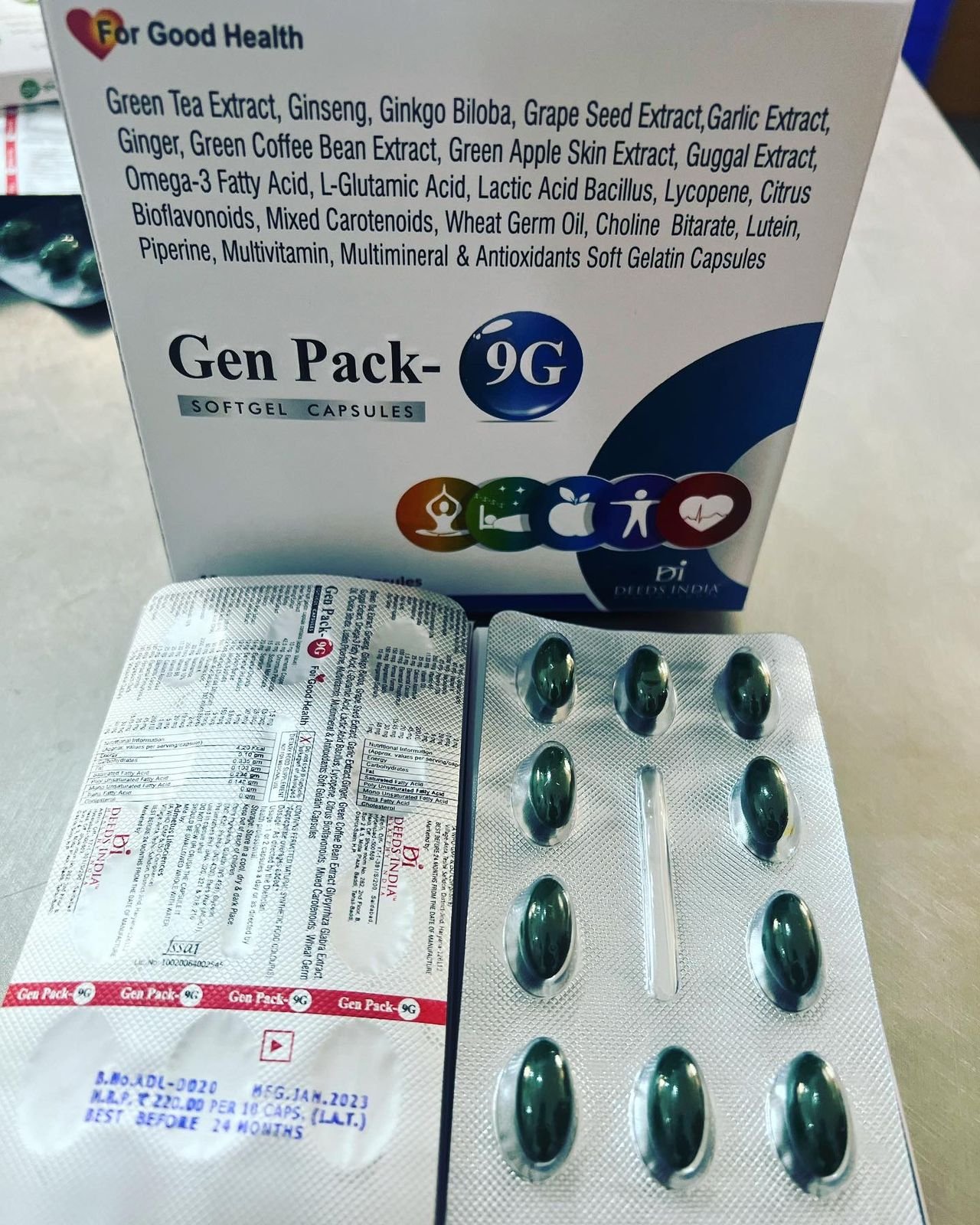 Green Tea Extract, Ginseng, Ginkgo Biloba, Grape Seed Extract, Garlic Extract, Ginger, Green Coffee Bean Extract, Green Apple Skin Extract, Guggal Extract, Omega-3 Fatty Acid, L-Glutamic Acid, Lactic Acid Bacillus, Lycopene, Citrus Bioflavonoids, Mixed Ca
