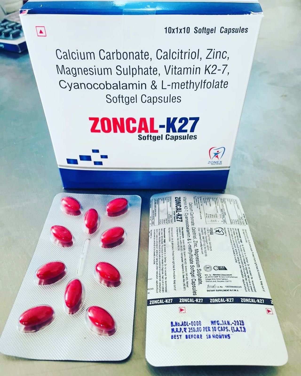 Calcium Carbonate, Calcitriol, Zinc, Magnesium Sulphate, Vitamin K2-7, Cyanocobalamin & L-methylfolate Softgel Capswules