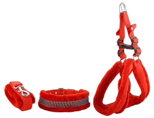 Dog Red Fur Dog Harness Leash Collar Set